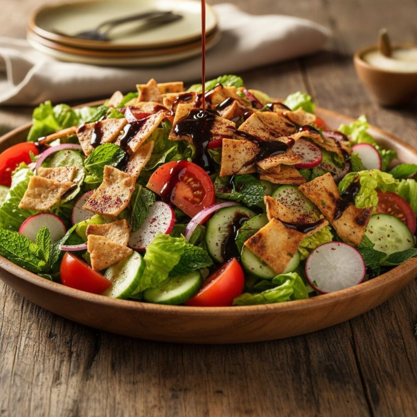 fattoush with pomegranate molasses